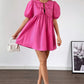 Bright Pink Solid Color Puff Sleeve Tie Front High Waist Mini Dress