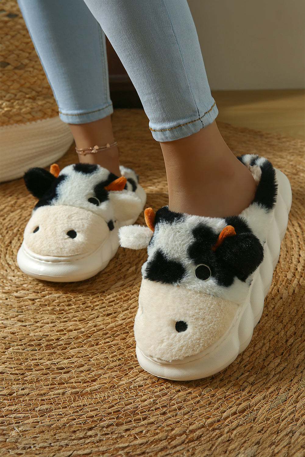 White Cute Cow Thick Sole Plush Thermal Home Slippers