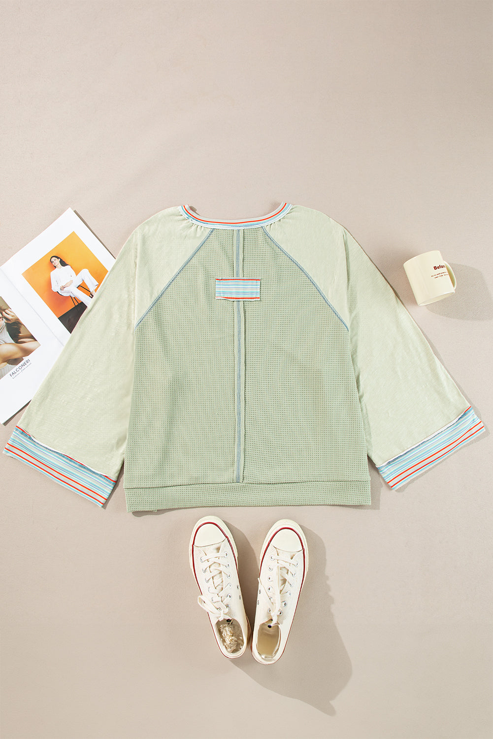 Meadow Mist Green Waffle Knit Wide Bracelet Sleeve Patchwork Raglan Top