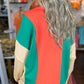 Grapefruit Orange Color Block Patchwork Collared V Neck Loose Top