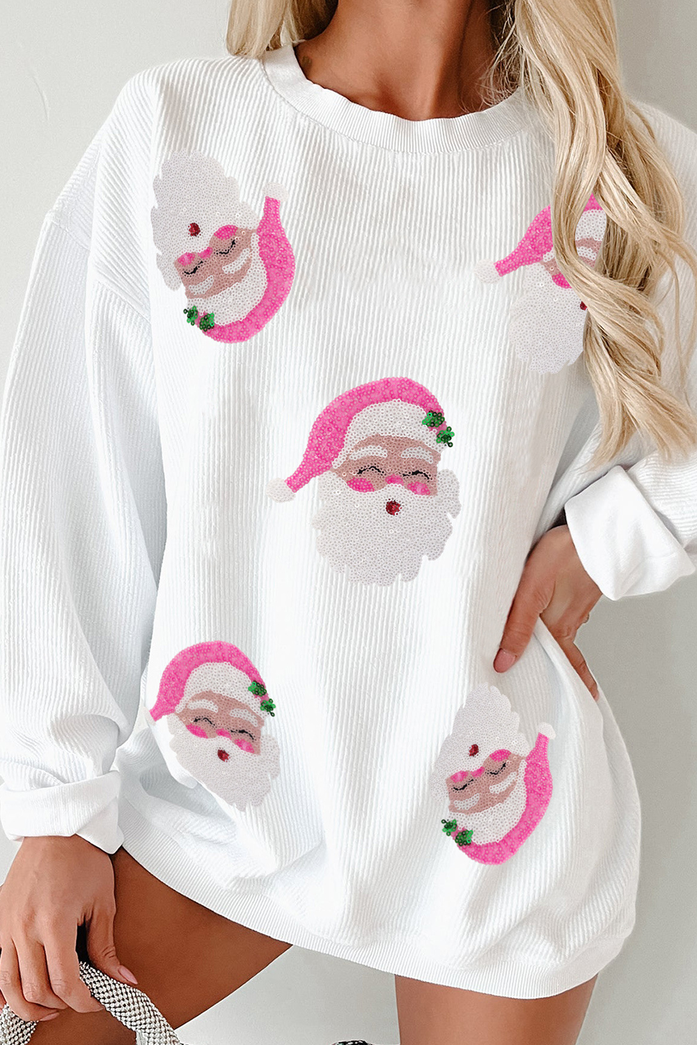 White Ribbed Sequin Santa Claus Graphic Christmas Sweatshirt