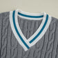 Medium Grey Color Contrast Ribbed Edge Cable Knit V Neck Sweater