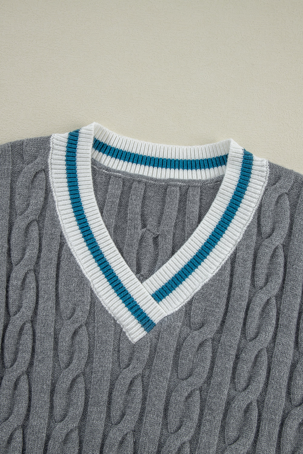 Medium Grey Color Contrast Ribbed Edge Cable Knit V Neck Sweater