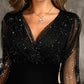 Glitter Sheer Mesh V Neck Long Sleeve Party Dress