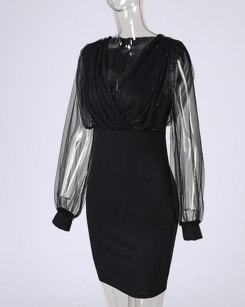 Glitter Sheer Mesh V Neck Long Sleeve Party Dress