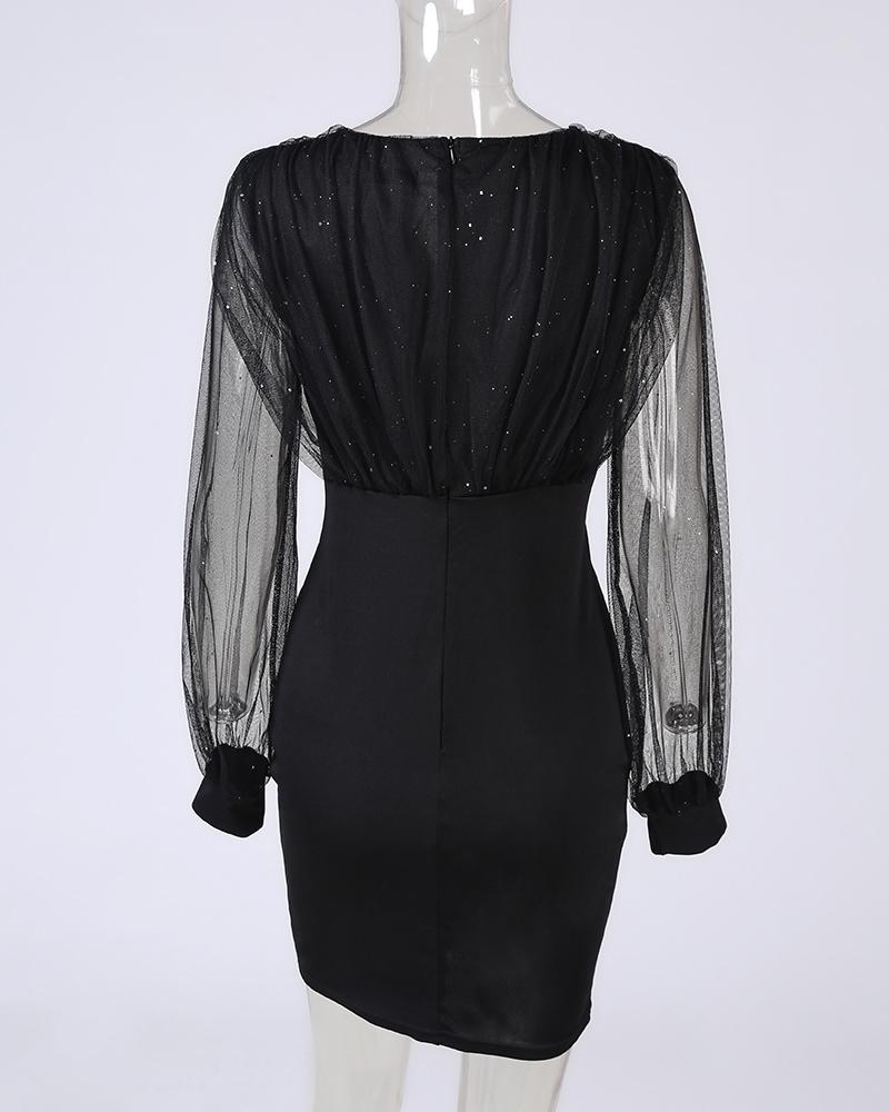 Glitter Sheer Mesh V Neck Long Sleeve Party Dress