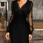 Glitter Sheer Mesh V Neck Long Sleeve Party Dress