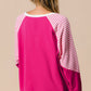 Strawberry Pink Striped Patchwork Crew Neck Raglan Sleeve Top