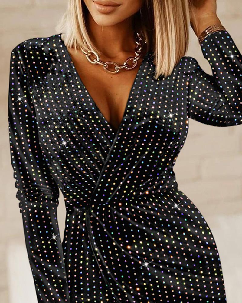 Velvet V Neck Long Sleeve Multicolor Sequin Bodycon Party Dress