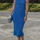 Dark Blue Solid Ribbed Knit Sheath Sleeveless Midi Sweater Dress