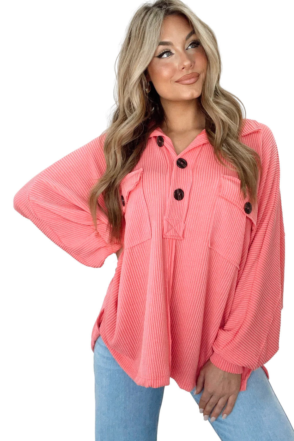 Pink Corded Flap Pocket Henley Top