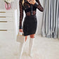 Turn down Collar Long Sleeve Contrast Lace Bodycon Dress Button Front Slim Fit Mini Dress