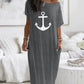 Anchor Print Cold Shoulder Short Sleeve Dress Casual Pocket Design Loose Fit Maxi Dress