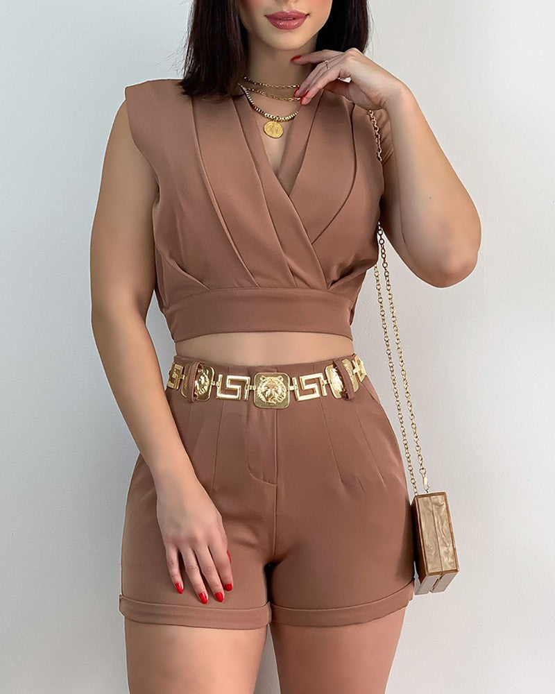 V Neck Ruched Crop Top & Shorts Set