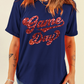 Blue Glittering Game Day Graphic Cuffed Sleeve Crew Neck T Shirt