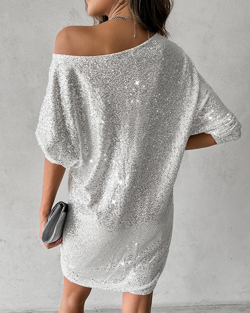 Slash Neck Batwing Sleeve Allover Sequins Dress