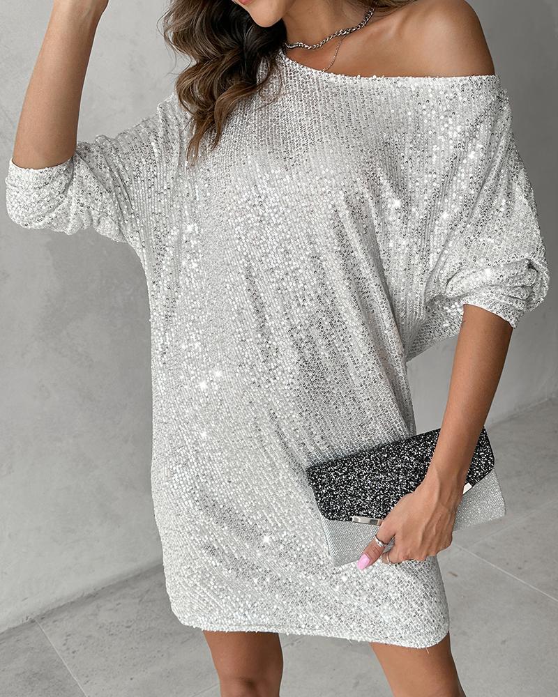 Slash Neck Batwing Sleeve Allover Sequins Dress