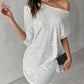 Slash Neck Batwing Sleeve Allover Sequins Dress