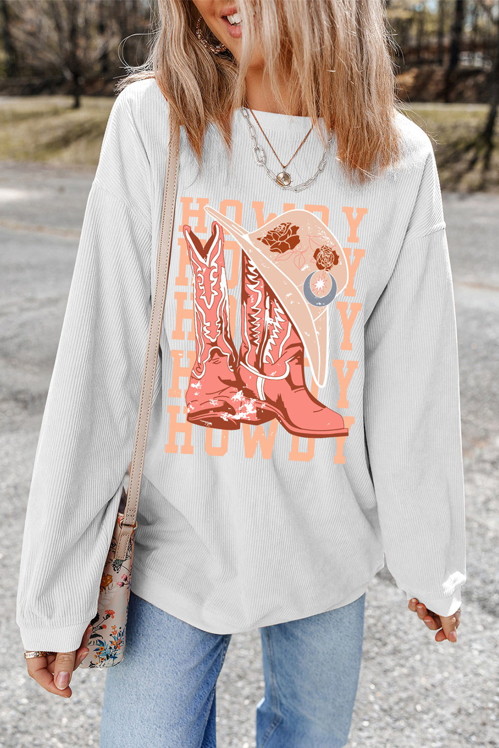 White Cowgirl Boots Hat HOWDY Graphic Corded Sweatshirt