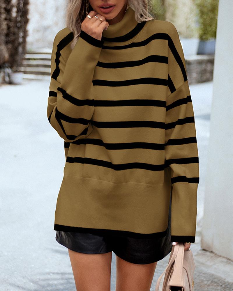 Striped High Neck Side Slit Knit Sweater