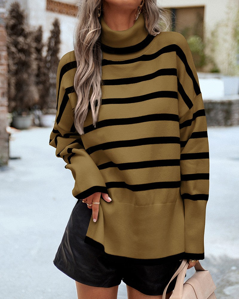 Striped High Neck Side Slit Knit Sweater