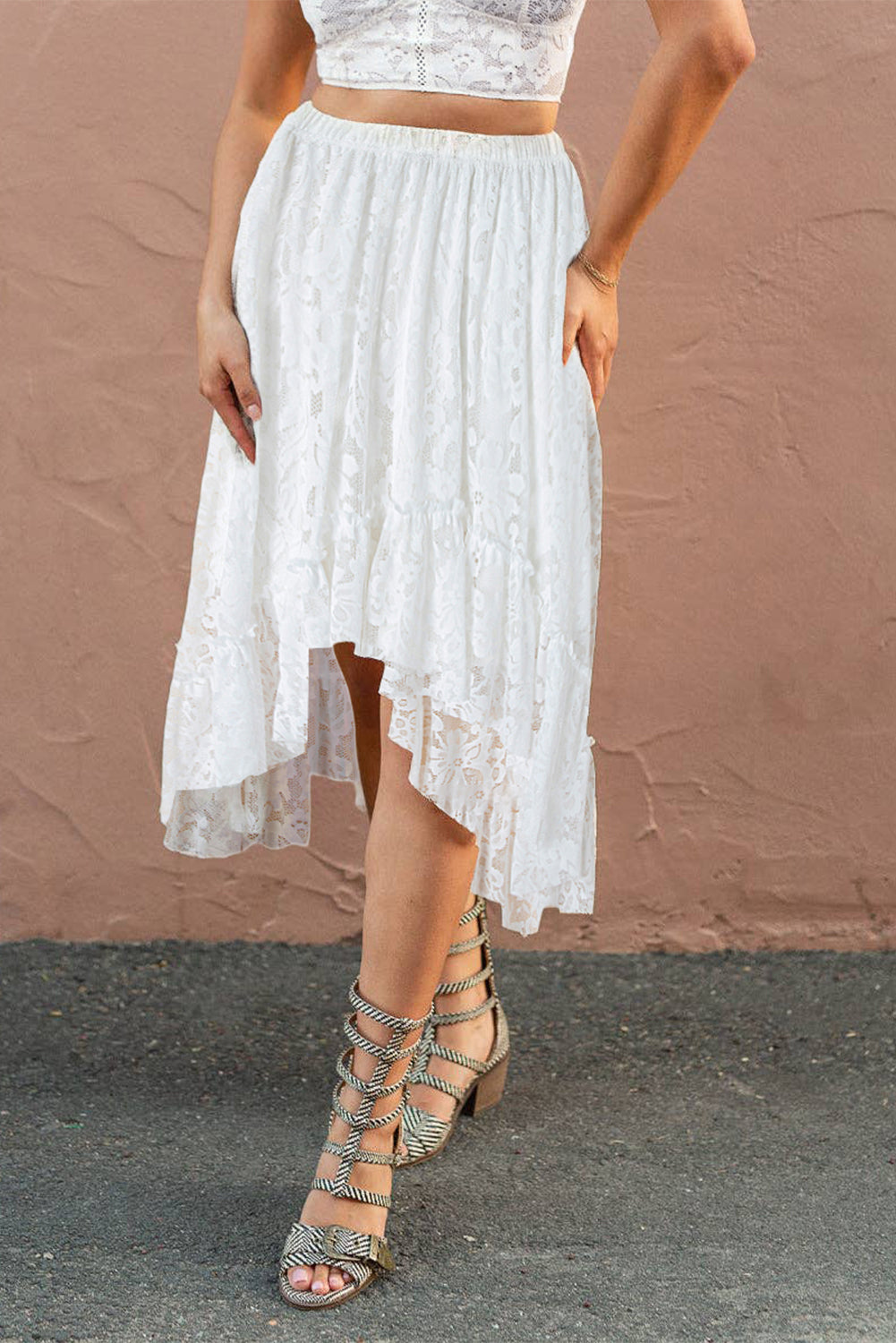 White Lace Ruffled High-low Hem Midi Skirt