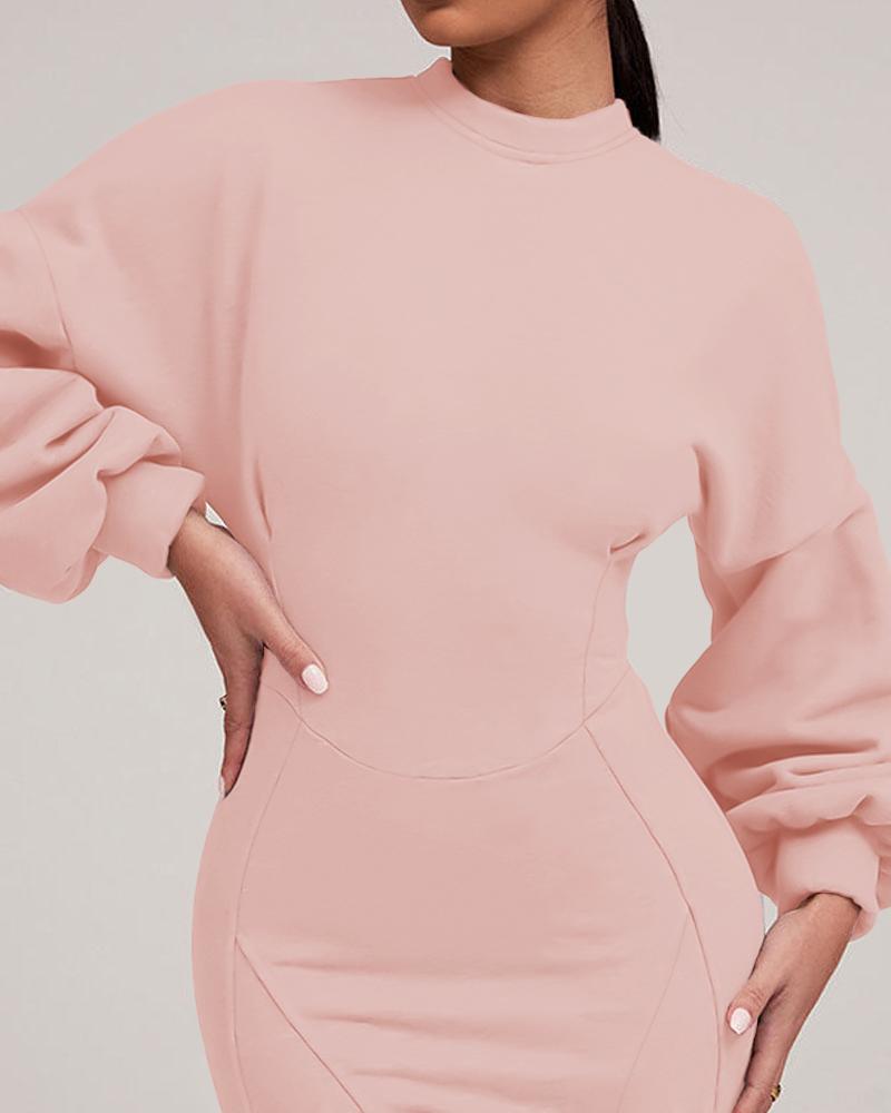 O neck Lantern Sleeve Mini Bodycon Sweatshirt Dress