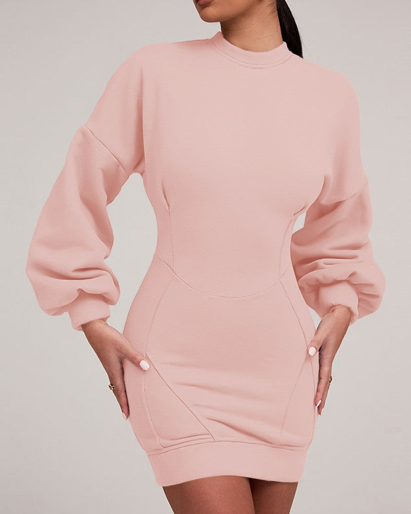 O neck Lantern Sleeve Mini Bodycon Sweatshirt Dress