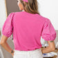 Bright Pink Ribbed Pearl Beaded Puff Sleeve Top