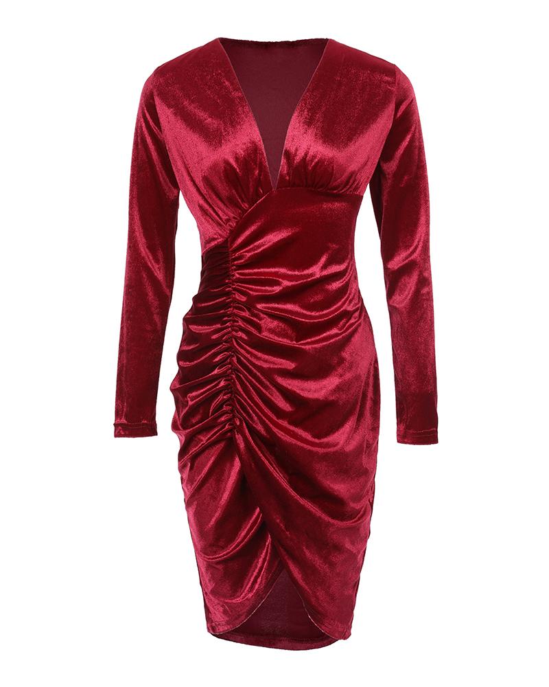 Velvet Long Sleeve Plunge Ruched Bodycon Dress