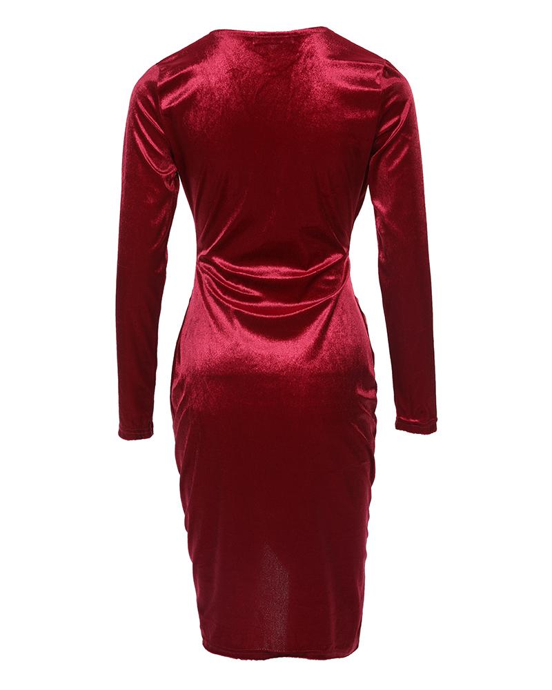 Velvet Long Sleeve Plunge Ruched Bodycon Dress