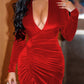 Velvet Long Sleeve Plunge Ruched Bodycon Dress