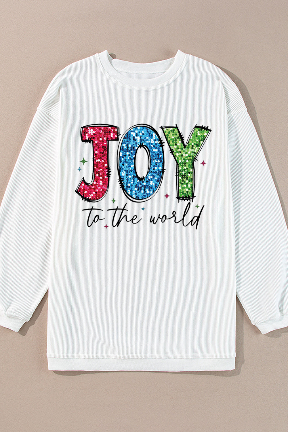 White JOY to the world Ribbed Crewneck Pullover Sweatshirt