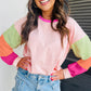 Pink Colorblock Patchwork Long Sleeve Loose Top