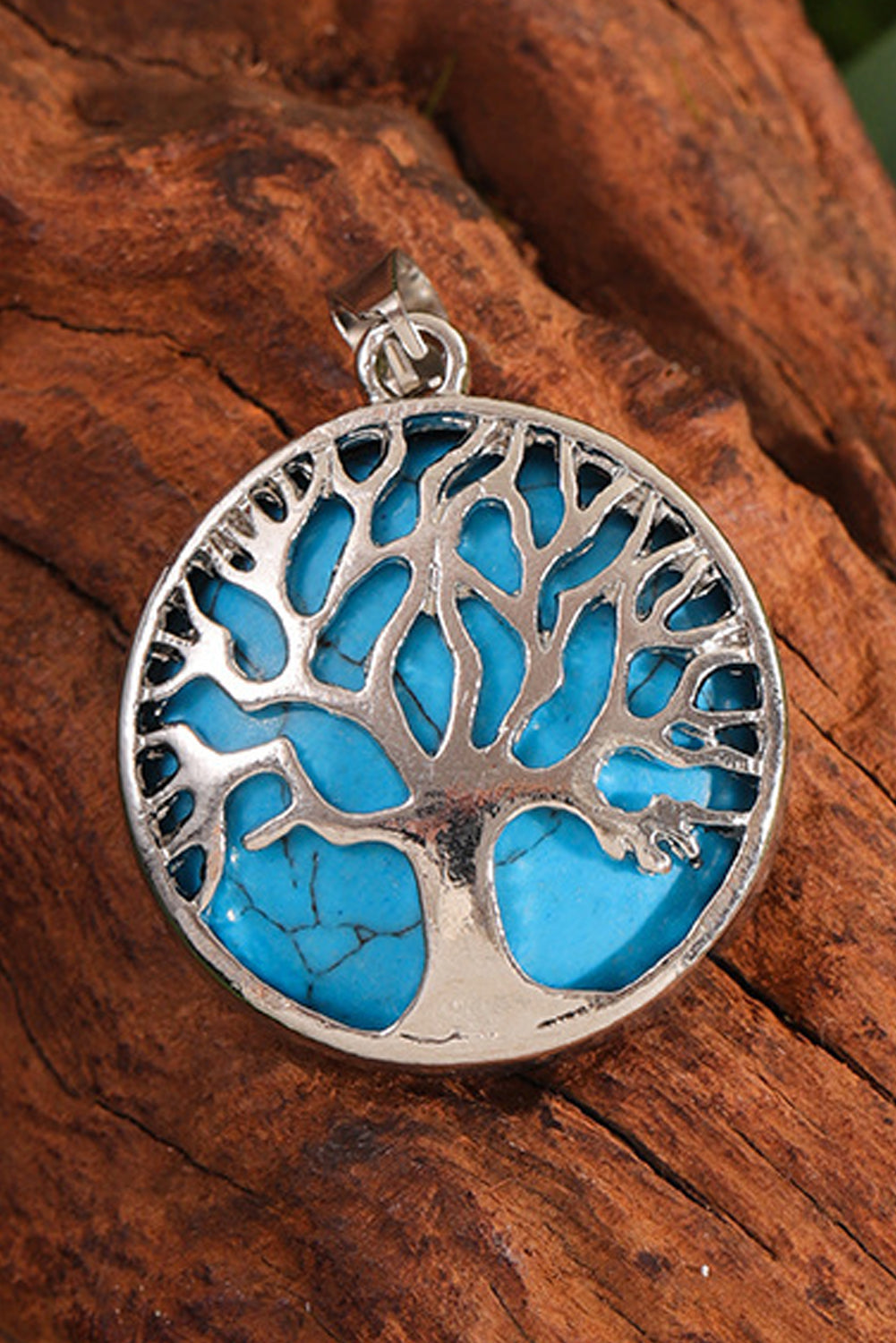 Blue Boho Tree of Life Crystal Round Pendant Necklace