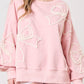 Light Pink Bow Thread Embroidery Ribbed Edge Sweatshirt