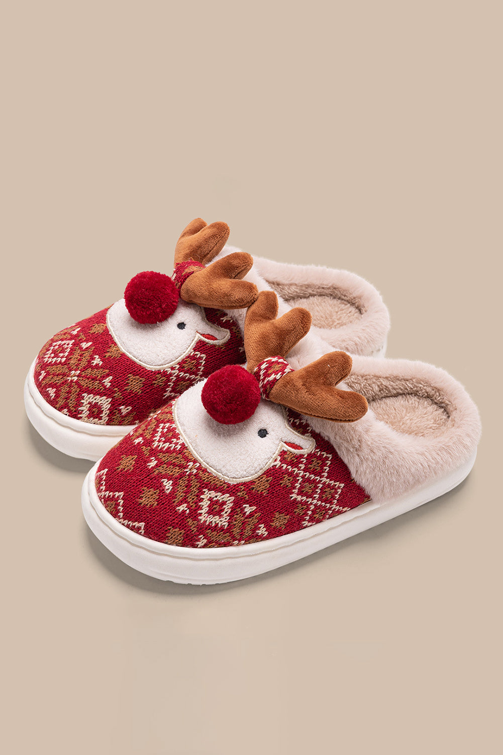 Fiery Red Christmas Cartoon Reindeer Plush Home Slippers