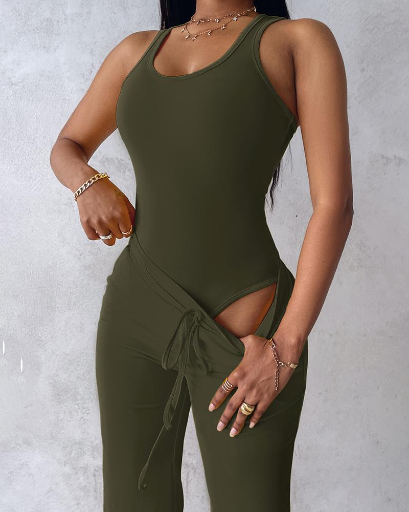 U Neck Bodysuit & Drawstring Cutout Wide Leg Pants Set