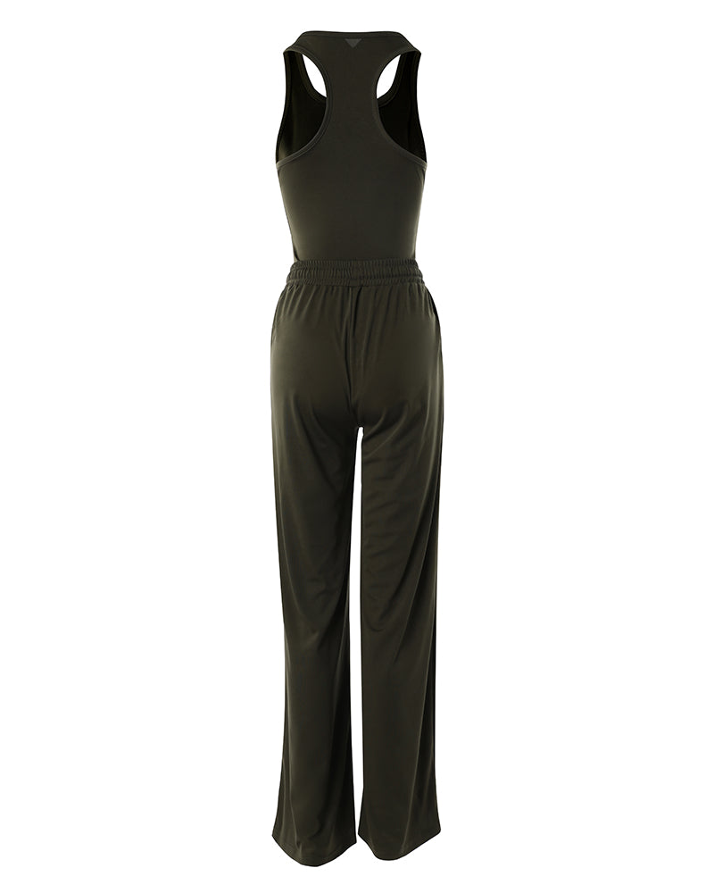 U Neck Bodysuit & Drawstring Cutout Wide Leg Pants Set