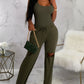 U Neck Bodysuit & Drawstring Cutout Wide Leg Pants Set