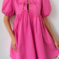 Bright Pink Solid Color Puff Sleeve Tie Front High Waist Mini Dress