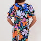 Blue Collared Split Neck Floral Flared Dress