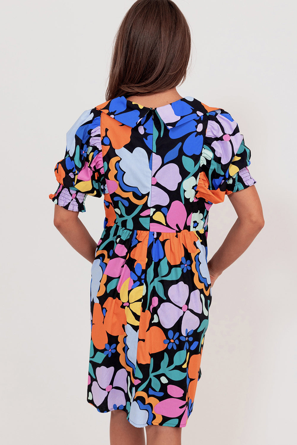 Blue Collared Split Neck Floral Flared Dress