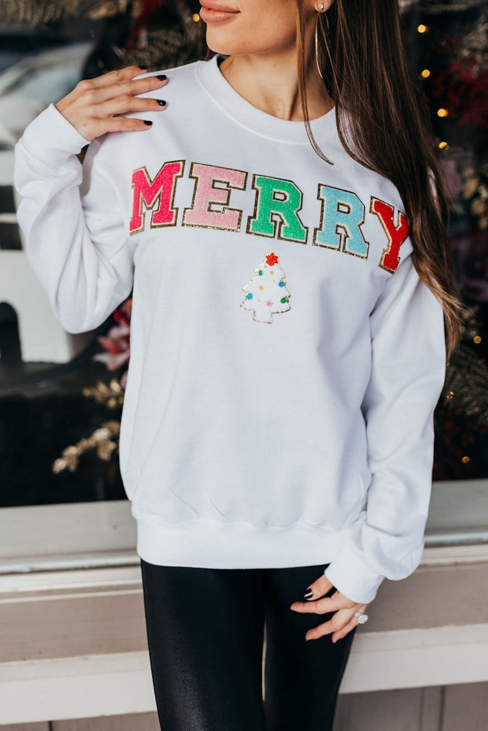 Beige MERRY Christmas Tree Chenille Patch Graphic Sweatshirt