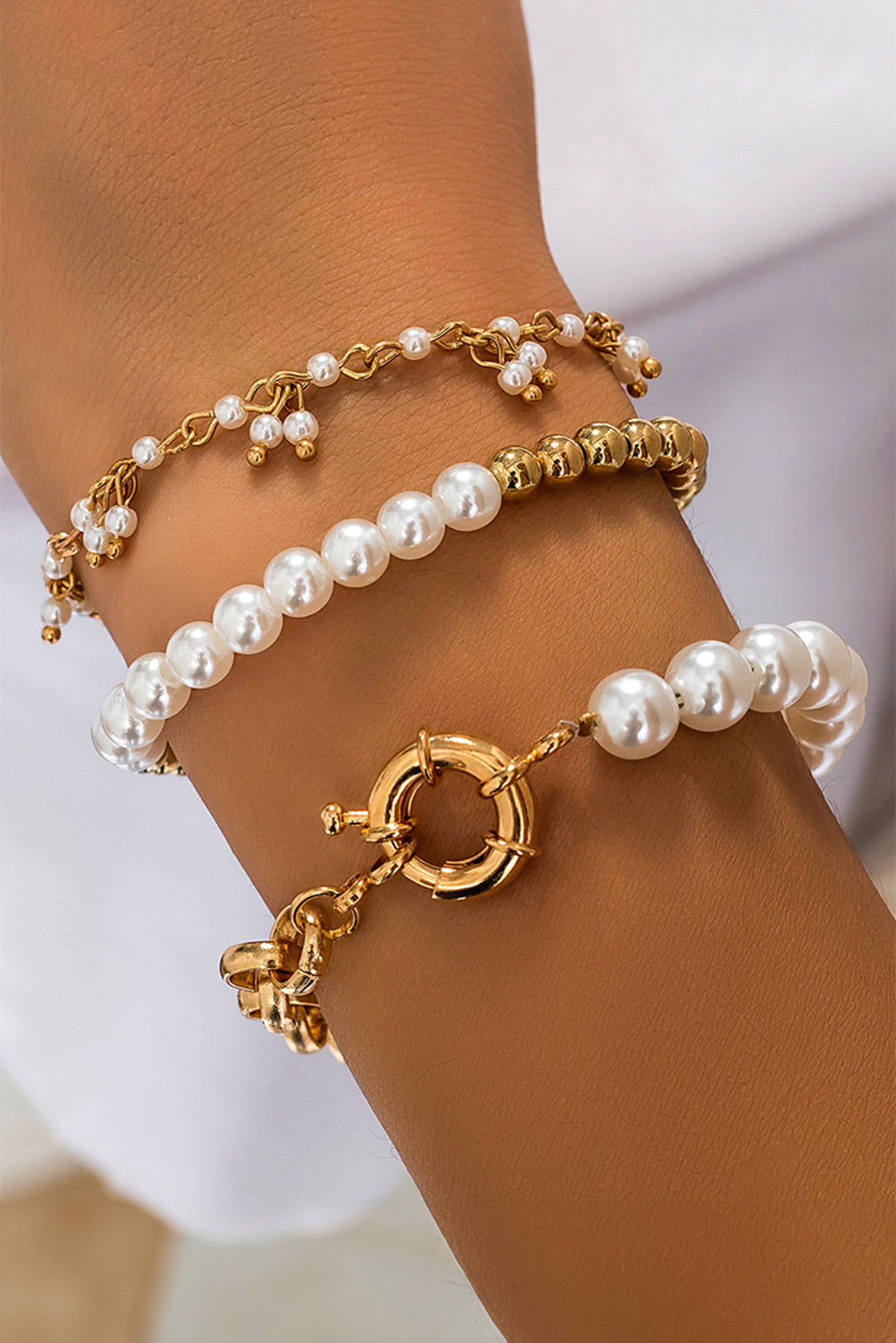 Gold 3pcs Pearl Plated Alloy Beaded Bracelet Set