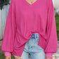 Bright Pink Waffle V Neck Long Sleeve Drop Shoulder Loose Blouse