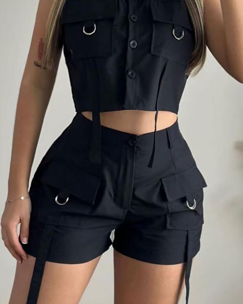 Turn down Collar Buttoned Pocket Design Top & Shorts Set