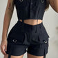 Turn down Collar Buttoned Pocket Design Top & Shorts Set