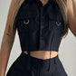 Turn down Collar Buttoned Pocket Design Top & Shorts Set