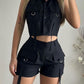 Turn down Collar Buttoned Pocket Design Top & Shorts Set